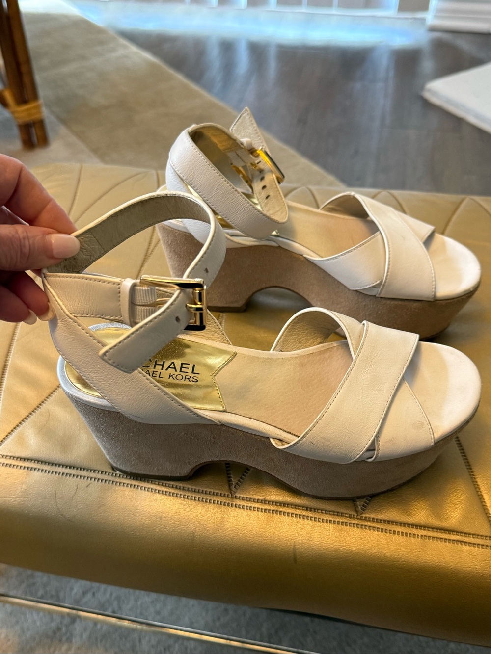 Michael Kors Cream Platform Wedge Sandals with Gold Buckle